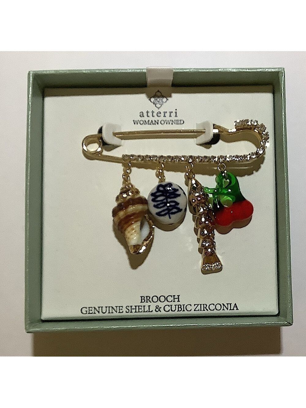 Atterri Pave Charm Safety Pin Brooch Seashell Cherries New
